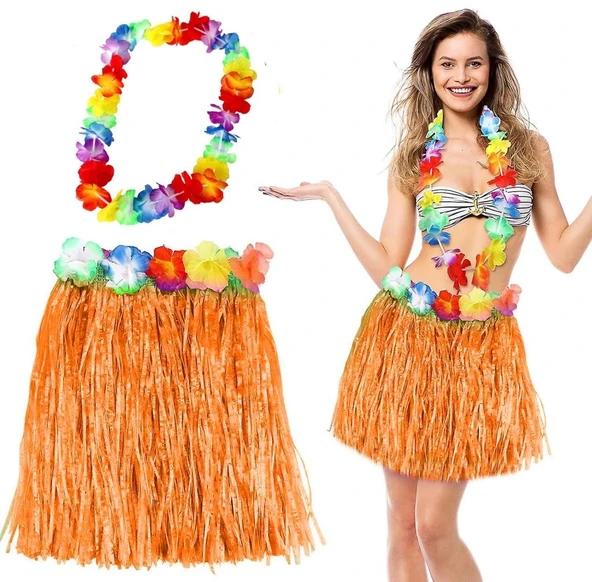 Nessiworld Hawaii Luau Aloha Turuncu Püsküllü 40 cm Etek ve Hawaii Kolye Seti