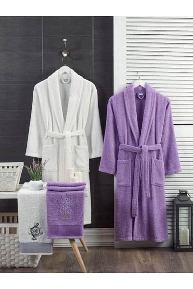 Unisex 4'lü Bornoz Set Nakışlı Baş Havlulu Çeyiz Seti Hamam Seti Banyo Seti  %100 Pamuk