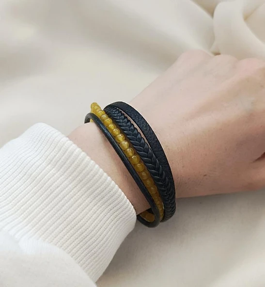 Doğaltaş Deri Bileklik Sarı Ceyt Taşı Unisex (20.5 ) Örgü  Çoklu Bilezik - 2