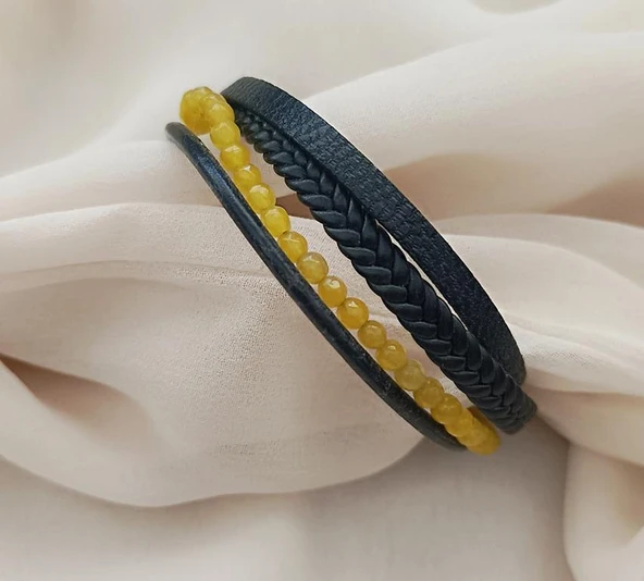 Doğaltaş Deri Bileklik Sarı Ceyt Taşı Unisex (20.5 ) Örgü Çoklu Bilezik