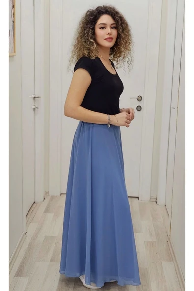 Bel Lastikli Kloş Şifon Etek 6003-İndigo - 2