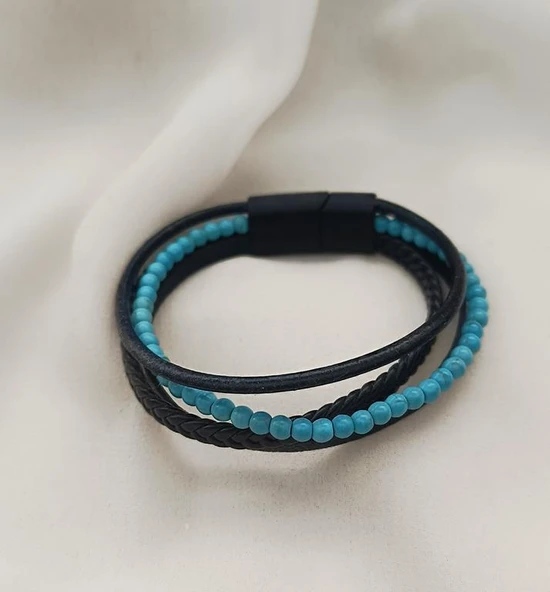 Doğaltaş Deri Bileklik Turkuaz Taşı Unisex (20 cm) Örgü Çoklu Bilezik - 4