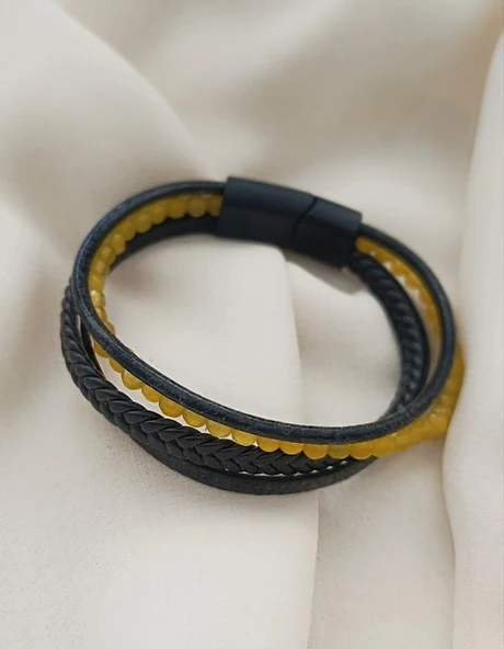 Doğaltaş Deri Bileklik Sarı Ceyt Taşı Unisex (20.5 ) Örgü  Çoklu Bilezik - 4