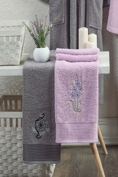Unisex 4'lü Bornoz Set Nakışlı Baş Havlulu Çeyiz Seti Hamam Seti Banyo Seti  %100 Pamuk - 2