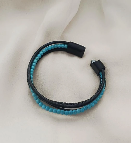 Doğaltaş Deri Bileklik Turkuaz Taşı Unisex (20 cm) Örgü Çoklu Bilezik - 3