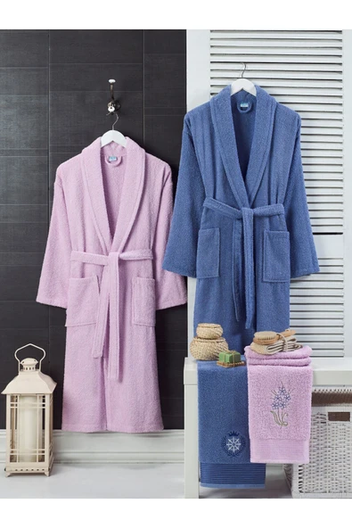 Unisex 4'lü Bornoz Set Nakışlı Baş Havlulu Çeyiz Seti Hamam Seti Banyo Seti  %100 Pamuk