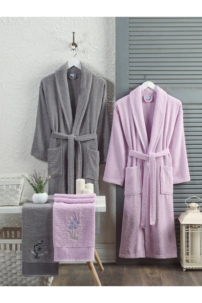 Unisex 4'lü Bornoz Set Nakışlı Baş Havlulu Çeyiz Seti Hamam Seti Banyo Seti  %100 Pamuk