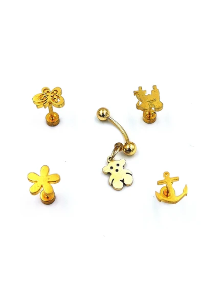 Renkli Taşlı Çelik 5 Adet Kaş Tragus Piercing