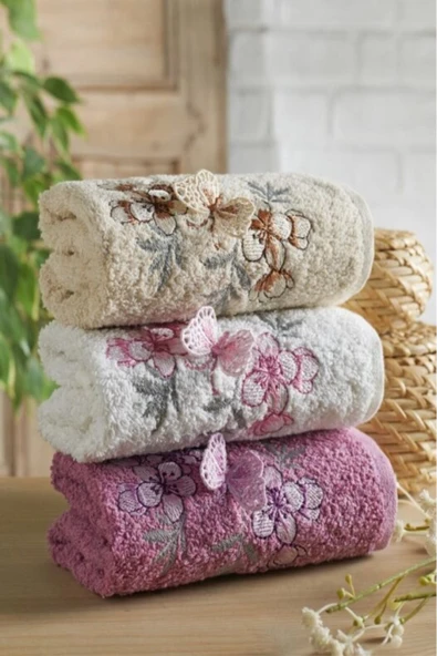 Nakışlı Çeyizlik  Butterfly Fluffy  Pamuklu 3 Adet  50 x 90 El Yüz Mutfak Havlusu Çeyiz Seti - 2