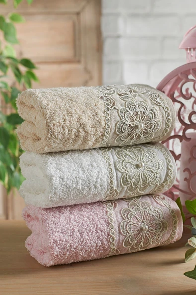 Pamuklu 3 Adet 30 X 50 El Yüz Mutfak Havlusu Çeyiz Seti Adelina Flower Soft Fransız Güpürlü Çeyizlik