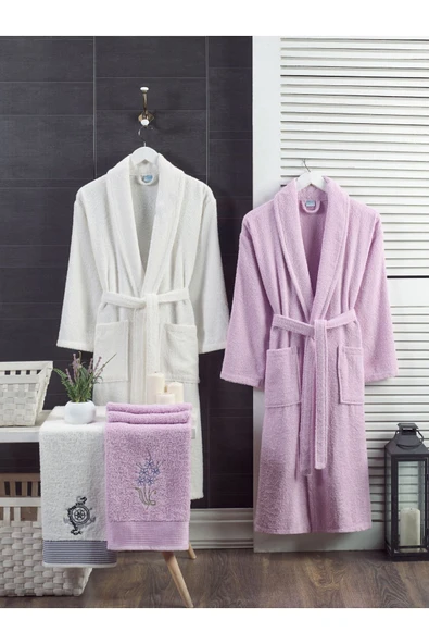 Unisex 4'lü Bornoz Set Nakışlı Baş Havlulu Çeyiz Seti Hamam Seti Banyo Seti  %100 Pamuk
