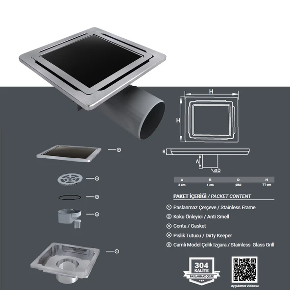 11x11 Paslanmaz Camlı Model Süzgeç Banyo ve lavabo yer süzgeci 50 Çıkışlı sifon - 3