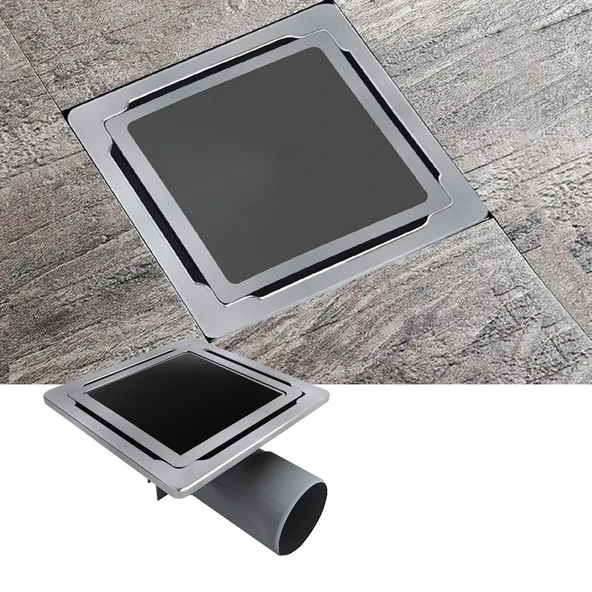 11x11 Paslanmaz Camlı Model Süzgeç Banyo ve lavabo yer süzgeci 50 Çıkışlı sifon