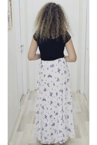 Bel Lastikli Kloş Şifon Etek 6003-Beyaz/Lila - 4