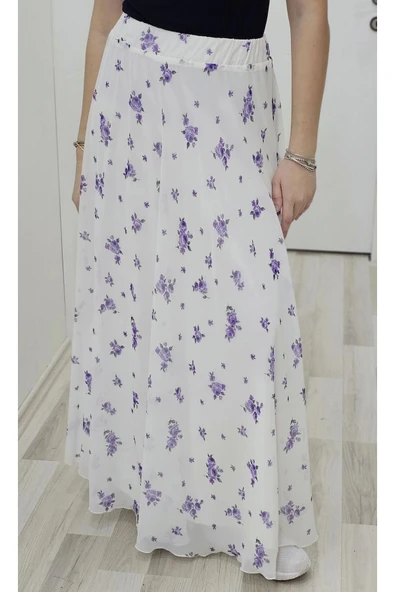 Bel Lastikli Kloş Şifon Etek 6003-Beyaz/Lila - 3
