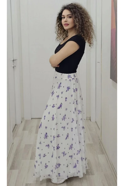 Bel Lastikli Kloş Şifon Etek 6003-Beyaz/Lila - 2