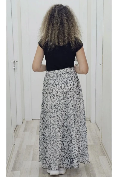 Bel Lastikli Kloş Şifon Etek 6003-Beyaz/Siyah - 4