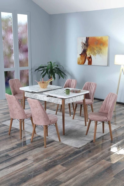 Morkese 6 Kişilik Açılır Masa Sandalye Takımı Mutfak Masası Takımı Salon Masası Yemek Masası Masa Takımı - 2
