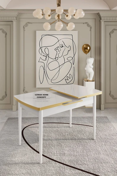 UZMHOME 80X130  Açılır Yemek Masası , Yemek Masa Takımı 6 Krem Sandalye - Metal Ayaklı Bayb Face Kumaşlı - Resim 2