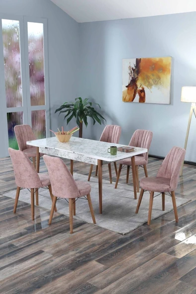 Morkese 6 Kişilik Açılır Masa Sandalye Takımı Mutfak Masası Takımı Salon Masası Yemek Masası Masa Takımı - 1