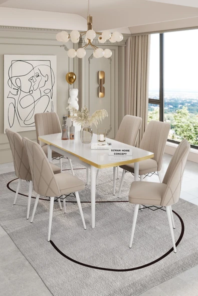 UZMHOME 80X130  Açılır Yemek Masası , Yemek Masa Takımı 6 Krem Sandalye - Metal Ayaklı Bayb Face Kumaşlı