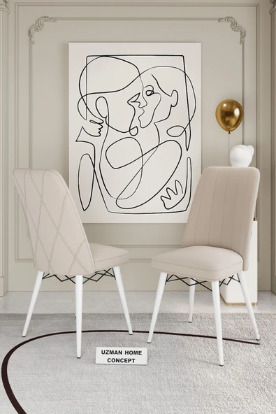 UZMHOME 80X130  Açılır Yemek Masası , Yemek Masa Takımı 6 Krem Sandalye - Metal Ayaklı Bayb Face Kumaşlı - Resim 3