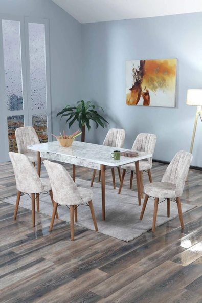 Morkese 6 Kişilik Açılır Masa Sandalye Takımı Mutfak Masası Takımı Salon Masası Yemek Masası Masa Takımı - 1