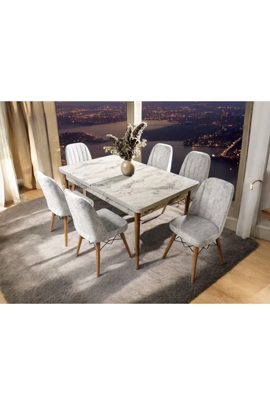 UZMHOME Ezgi 6 Kişilik Açılır Masa Sandalye Takımı Mutfak Masası Takımı Salon Masası Yemek Masası Takımı