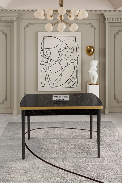 UZMHOME Mdf Yemek Masası Siyah Mermer Gold Kenar - Resim 3