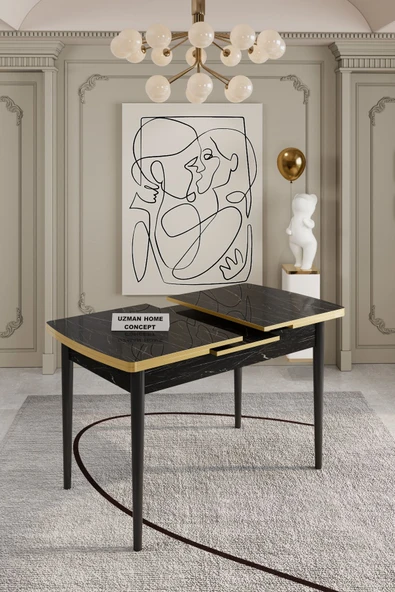 UZMHOME Mdf Yemek Masası Siyah Mermer Gold Kenar - Resim 2