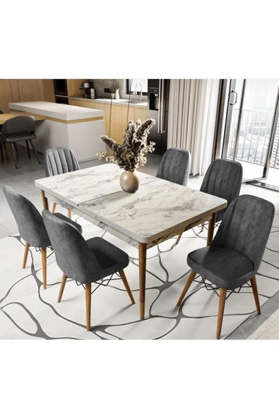 UZMHOME 80X130(Kapalı) 80X170(Açık) Yemek Odası Takımı Mutfak Masası Takımı Yemek Masası 6 Kişilik - 2