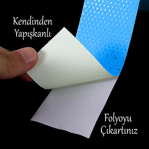 Yapışkanlı Gece Parlayan Reflektörlü En 5 cm Onaysız Reflektif İkaz Bandı 5 Metre Mavi Şerit Bant - 5