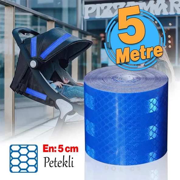 Yapışkanlı Gece Parlayan Reflektörlü En 5 cm Onaysız Reflektif İkaz Bandı 5 Metre Mavi Şerit Bant - 2