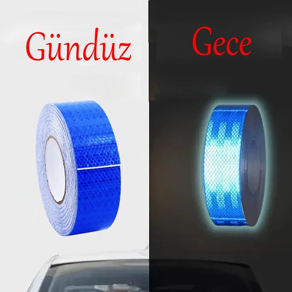 Yapışkanlı Gece Parlayan Reflektörlü En 5 cm Onaysız Reflektif İkaz Bandı 10 Metre Mavi Şerit Bant - 6