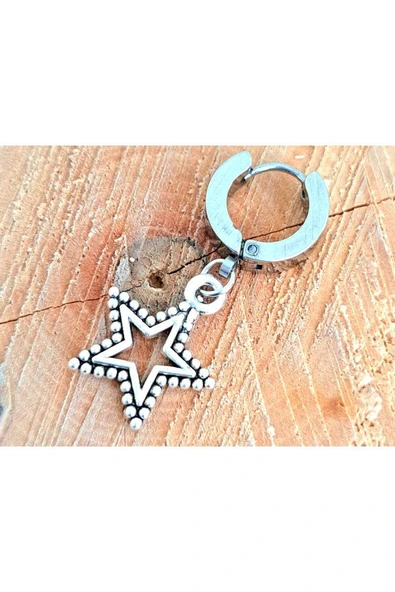 Çelik Gümüş Renk Yıldızlı Unisex Küpe ürün görseli 1