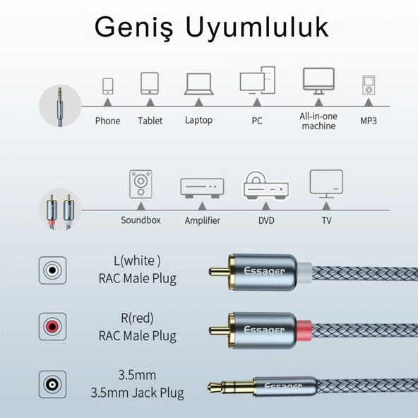 Essager Pro Series 1 Metre 3.5MM Jack to RCA Stereo Ses Sistemi Kablosu, Amfi, Hoparlör, TV Ses Sistemi Kablosu - 3