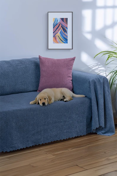 Jakarlı Şönil Koltuk Örtüsü | Çekyat Örtüsü | Koltuk Şalı 175x350 Kaymaz Gece Mavisi
