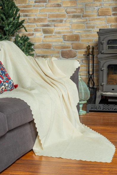 Jakarlı Şönil Koltuk Örtüsü  | Çekyat Örtüsü | Koltuk Şalı 175x350 Kaymaz Ekru - Resim 2