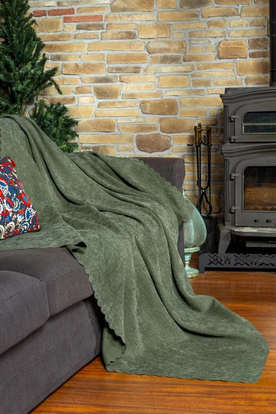 Jakarlı Şönil Koltuk Örtüsü | Çekyat Örtüsü | Koltuk Şalı 175x350 Kaymaz Sage Yeşil - 2