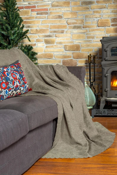 Jakarlı Şönil Koltuk Örtüsü  | Çekyat Örtüsü | Koltuk Şalı 175x350 Kaymaz Kum Beji - Resim 2