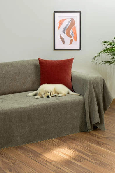 Jakarlı Şönil Koltuk Örtüsü | Çekyat Örtüsü | Koltuk Şalı 175x350 Kaymaz Kapuçino