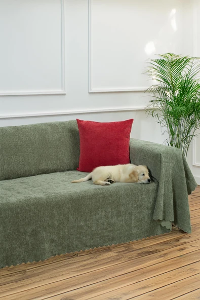 Jakarlı Şönil Koltuk Örtüsü | Çekyat Örtüsü | Koltuk Şalı 175x350 Kaymaz Sage Yeşil