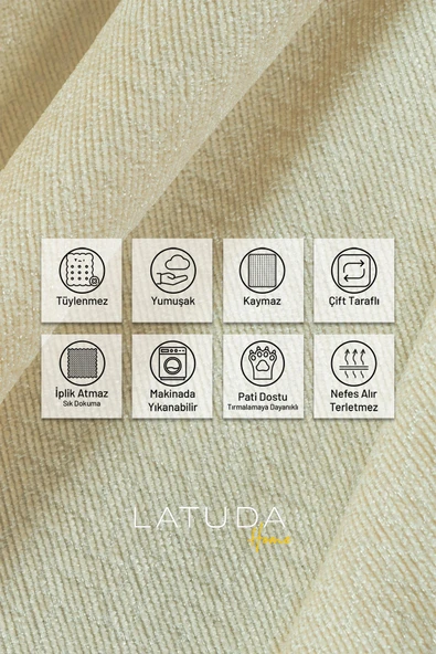 Jakarlı Şönil Koltuk Örtüsü  | Çekyat Örtüsü | Koltuk Şalı 175x350 Kaymaz Ekru - Resim 3