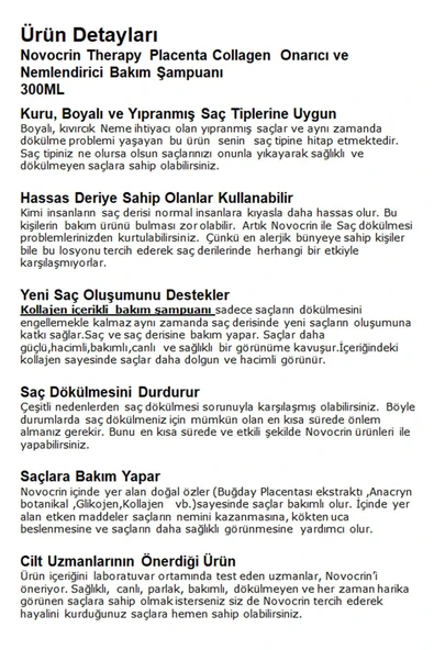 Novocrin Placenta Collagen Therapy Onarıcı Nemlendirici Bakım Şampuanı 300 ml - Resim 3