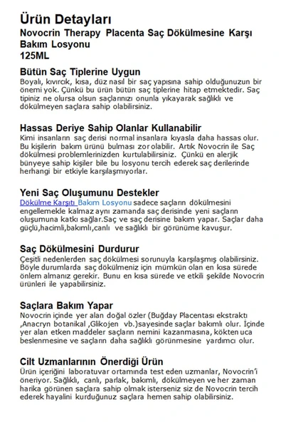 Novocrin Placenta Saç Dökülmelerine Karşı Bakım Losyonu 125 ml - Resim 3