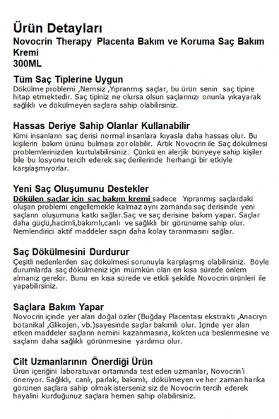 Novocrin Placenta Yoğun Bakım Ve Koruma Saç Kremi 300 ML - 3