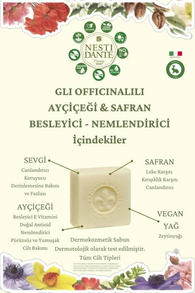 Nesti Dante Sabun Gli Officinali Ayçiçeği ve Safran Vegan Bakım 200 g - Resim 4