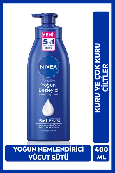 NIVEA Besleyici Vücut Sütü 400ml, Kuru Ve Çok Kuru Ciltler, 48 Saat Nemlendirici, E Vitamini, Badem Yağı
