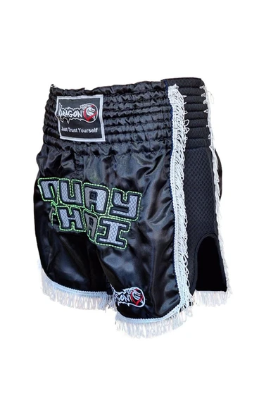 DragonDo MT3020 Apache Muaythai Şortu Siyah Püsküllü Şort Nakışlı Muay Thai Şortu - 3