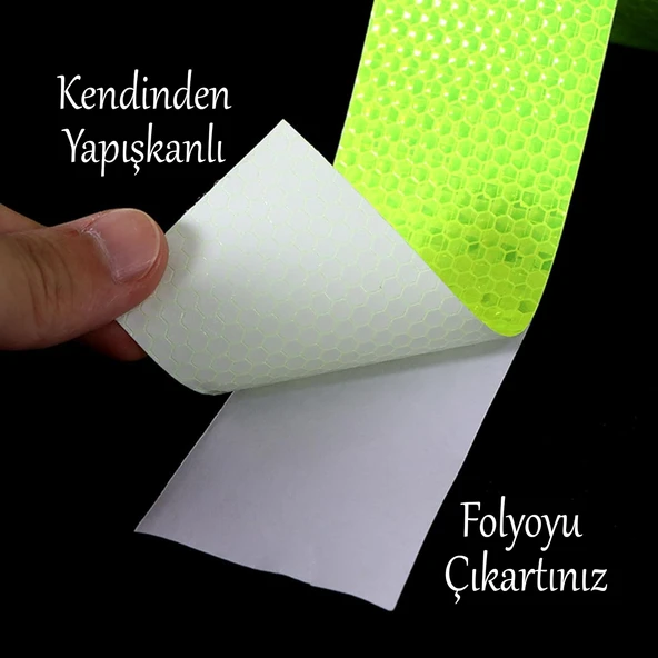 Gece Parlayan Yapışkanlı Reflektörlü 5 cm Fosforlu Reflektif İkaz Bandı 1 Metre Florasan Şerit Bant - 5